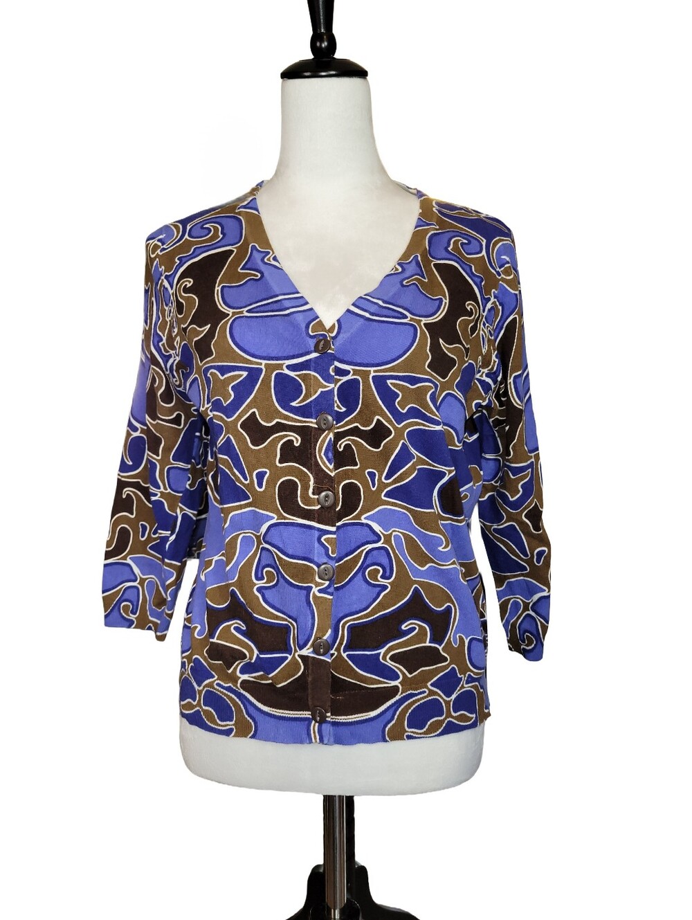 Fever Abstract Swirl Blue & Brown V-Neck 3/4 Sleeve Cardigan Sweater Size Large